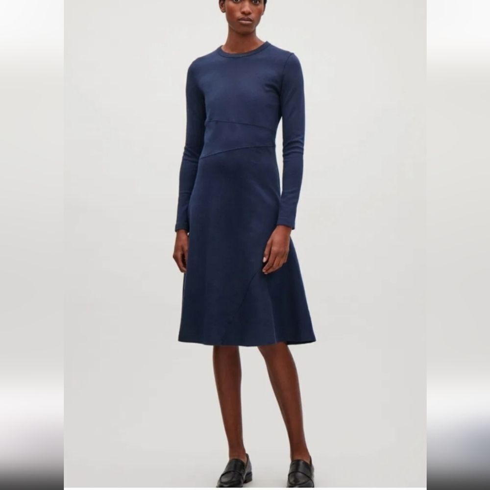 COS Dark Navy Fit And Flare Perfect Long Sleeve Midi Dress S